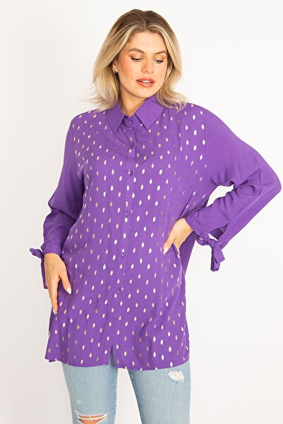 Şans Női lila elöl gombos ujjú, fűzős és lakkmintás részletes szőtt viszkóz ing 65n34516