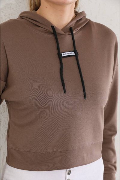 MYA Basic Brown Hooded Crop Sweatshirt, Long Sleeve Crop, 2 Thread Sweatshirt, Seasonal Crop