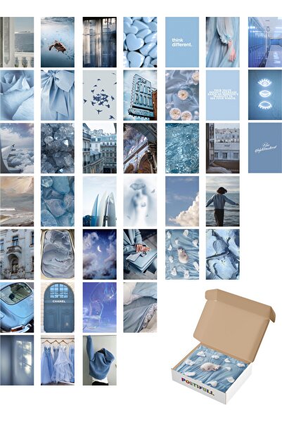 Postifull Mavi Duvar Posteri Kolaj Seti - 40 Adet - Arkası Yapışkanlı Poster Seti - 10cm*15cm - Kutulu Set