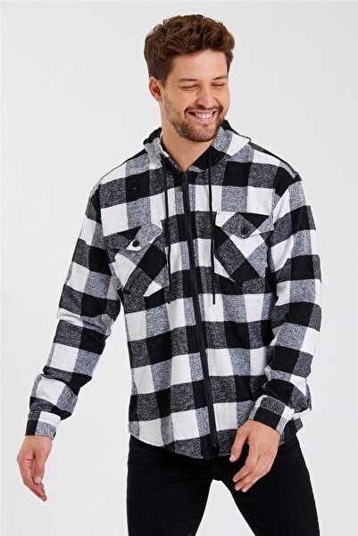 COOL TARZ Ανδρικό μαύρο-άσπρο καρό πουκάμισο ξυλοκόπο με διπλή τσέπη με κουκο...