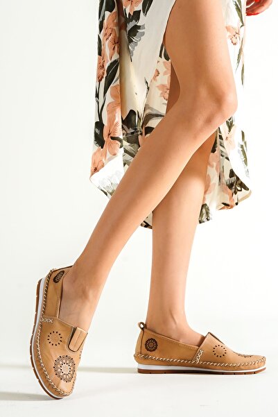 Deripabuc Balerini de damă din piele naturală bej Dp16-0065