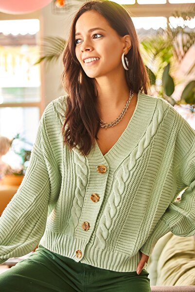Olalook Women's Water Green Thick Hair Braided Knitwear Cardigan HRK-19000082