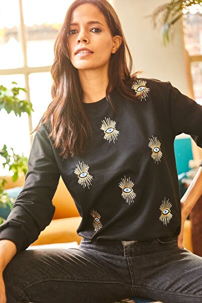 Olalook Kadın Siyah Göz Nakışlı Mevsimlik Sweatshirt SWT-19000598