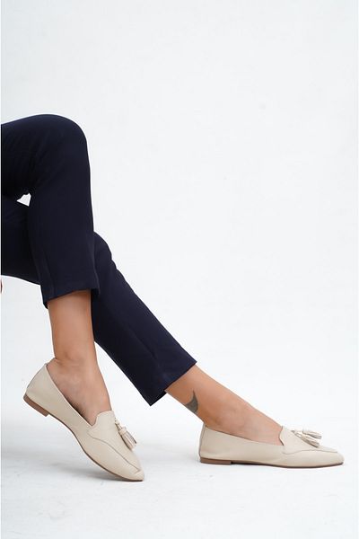 Deripabuc Genuine Leather Beige Women's Leather Ballerinas Dp58-4026