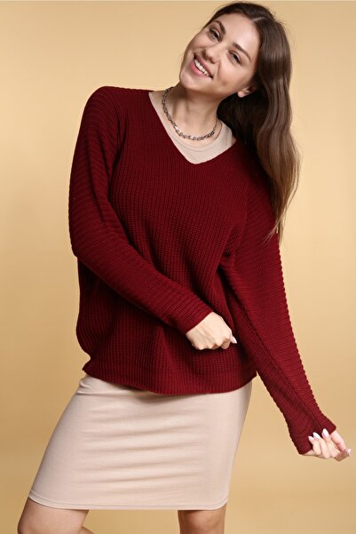 Devinka سترة نسائية محبوكة فضفاضة ذات رقبة على شكل حرف V كبيرة الحجم باللون العنابي