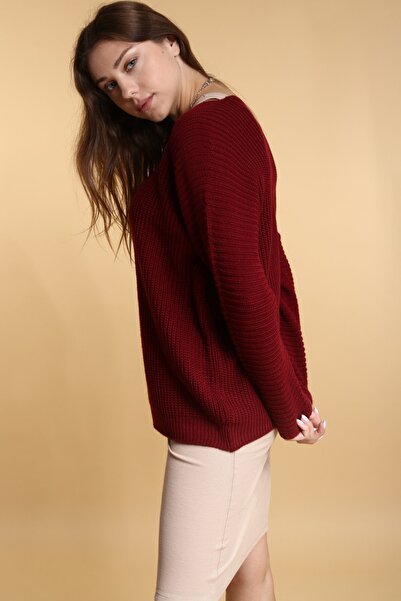 Devinka سترة نسائية محبوكة فضفاضة ذات رقبة على شكل حرف V كبيرة الحجم باللون العنابي