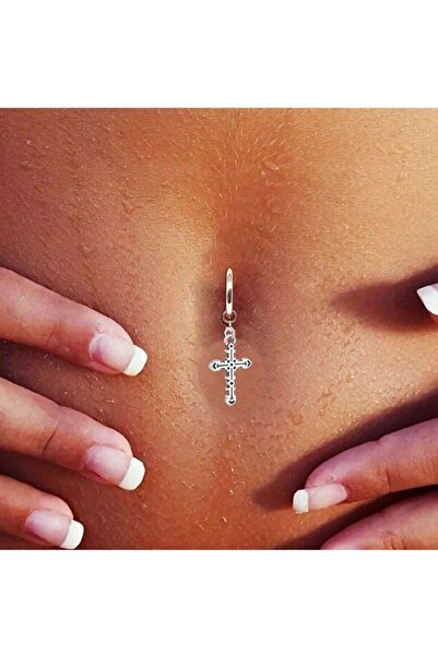 TakıConcept Deliksiz Haç Sallantılı Fake Çelik Göbek Piercing