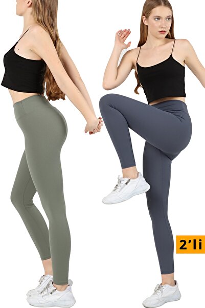 VOSSAX 2'li Tayt Fitilli Yüksek Bel Toparlayıcı Spor Tayt Haki+indigo
