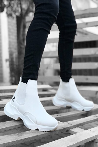 Mida Shoes Laceless Comfortable High Sole White Men's Sports Half Ankle Boots
