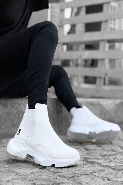 Mida Shoes Laceless Comfortable High Sole White Men's Sports Half Ankle Boots
