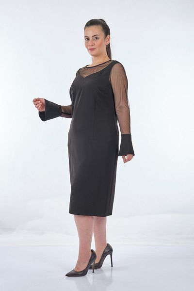 Ekol Round Neck Large Size Tulle Detailed Long Sleeve Black Women's Dress22204507