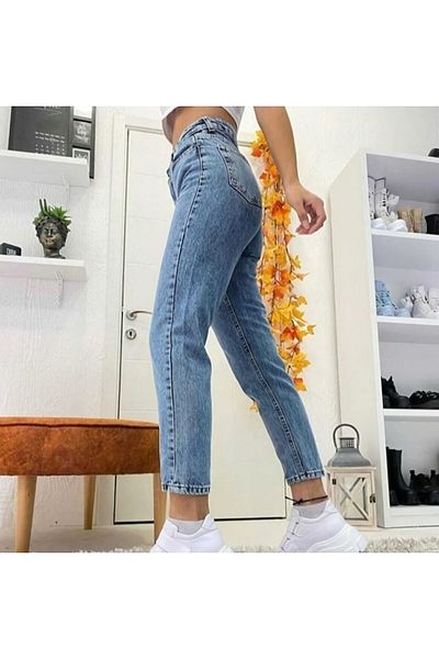 LİMABEL Love Medium Blue Mom Denim Pantaloni Lycra Talie Înaltă Blue Snow Washed Mom Jeans Extra Confortabil
