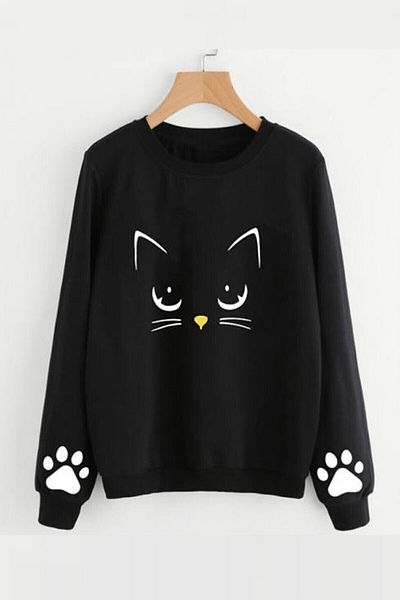 Keywest Hanorac oversize negru cu imprimeu Meov Cat