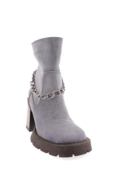 DGN Yuvarklak Burun Ланцюг Детальний Жіночий Черевик на Підборах Джинсовий Синій Фетр 26543285