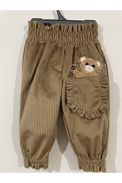 CANBİX Kadife Likrali Kahverengi Firfirli Nakisli Pantolon