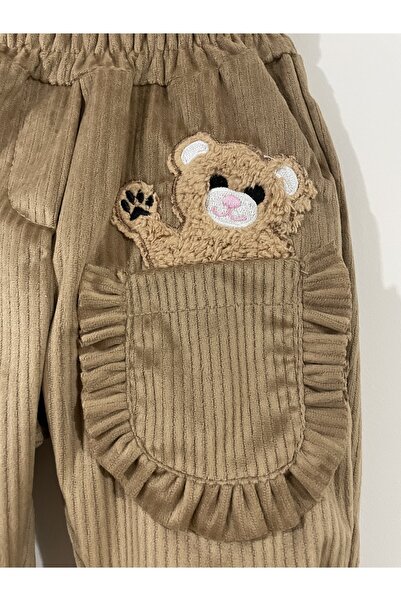 CANBİX Kadife Likrali Kahverengi Firfirli Nakisli Pantolon