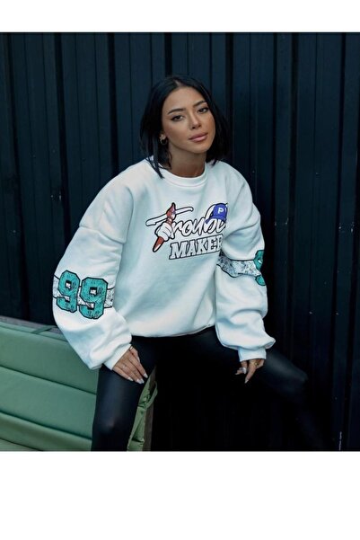 crazywish Бяла прекалено голяма блуза - с надпис Trouble Maker, унисекс