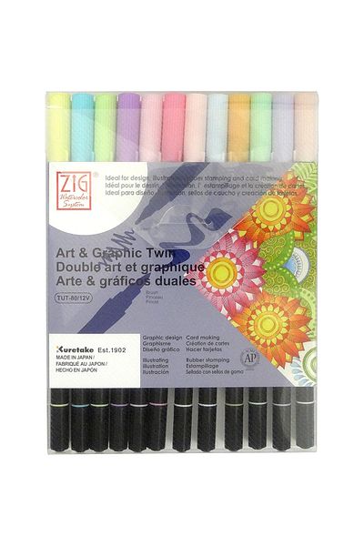 Zig Art & Graphic Twin Brush Pen Double Ended Pen Set of 12 Pastel