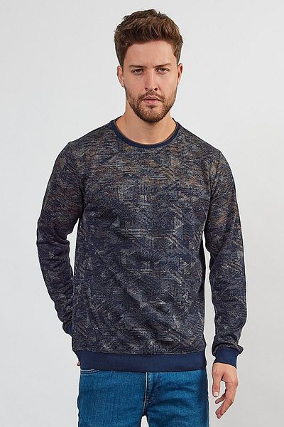 ENQUE Navy Blue Men's Knitwear Sweatshirt - Patterned, Crew Neck