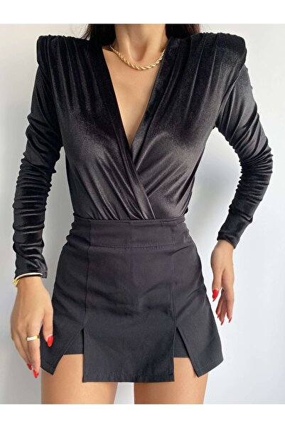 Jose Clothing Velvet Fabric Double Breasted Collar Wadding Detailed Bodysuit