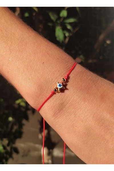 TÜKKAN ACCESSORİES Gold Plated Evil Eye Bead Star Figure Detail Macrame Knitted Bracelet