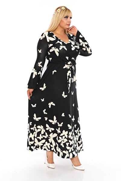 Mami Plus Size Black Butterfly Pattern Double Breasted Neck Tie Waist Long Maxi Crepe Fabric Dress