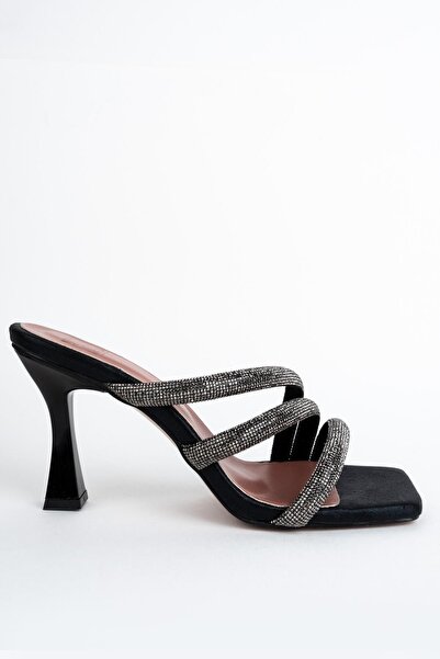 Modabuymus Papuci rochie de seara cu clapeta neagra cu toc de piatra