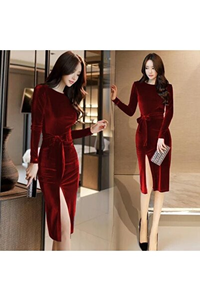 Styling Park Yırtmaç Detaylı Kadife Elbise