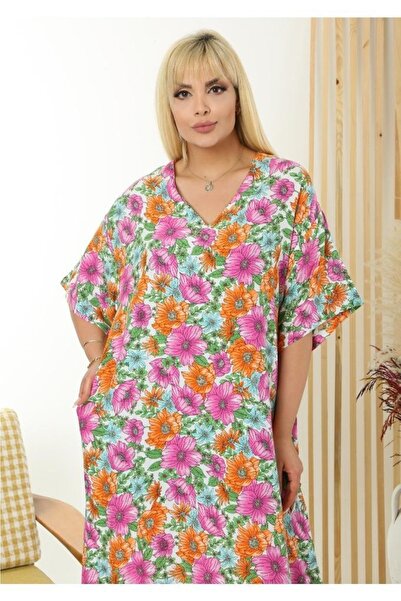 ViolettaXL Women's Plus Size Orange Fuchsia Floral Pocket V Neck Loose Woven Dress