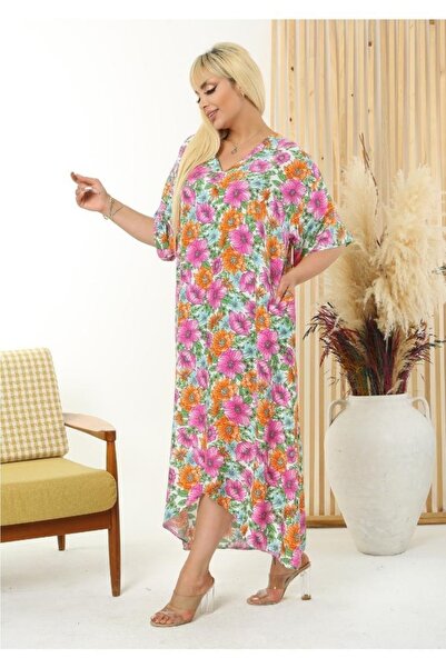 ViolettaXL Women's Plus Size Orange Fuchsia Floral Pocket V Neck Loose Woven Dress