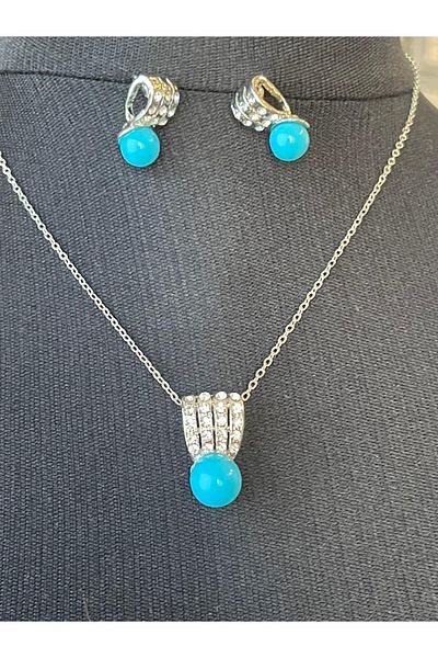 Gönülden Tasarım Design Zircon Stone Blue Beaded Necklace Earring Set