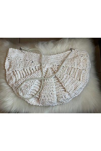 Gönülden Tasarım Geantă de plajă din frânghie de hârtie cu mâner de perle de scoici cu design special 47x30 cm