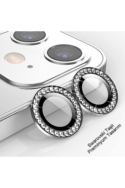 USIDE iPhone 11 iPhone 12 12 Mini Compatible Stone Diamond Camera Protector - Silver [Set of 2]