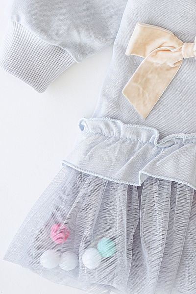 Banamio Izzy Baby Girl Child Two Rope Pompoms Bow Detailed Cotton Sweat Dress (Ice Blue)