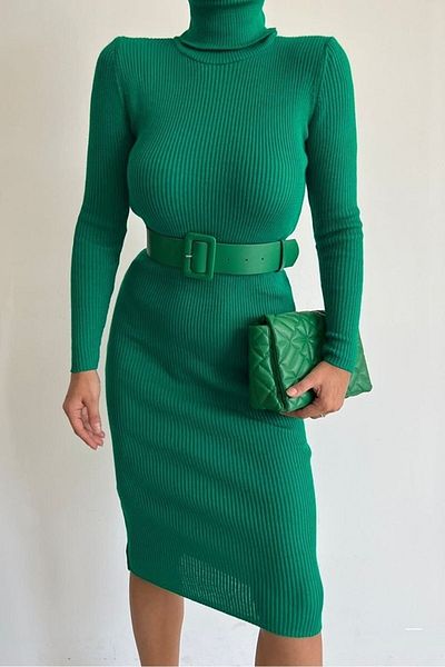 vuvutasarım New Season Stretchy Knitwear Midi φόρεμα - Ζώνη λεπτομέρεια, ζιβάγκο, μακρυμάνικο 0167