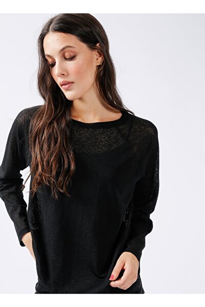 Black On Black Rundhalsausschnitt, schlichte schwarze Damenbluse K-josi