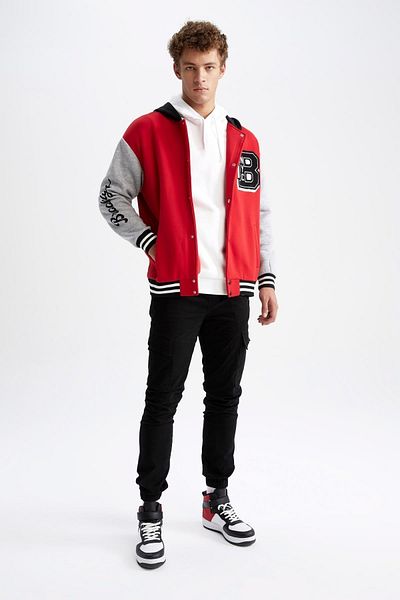 DeFacto Oversize Fit College Collar Bomber Printed Soft Furry Cardigan