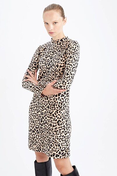 DeFacto Μίνι μακρυμάνικο φόρεμα Bodycon Crew Neck Leopard Print