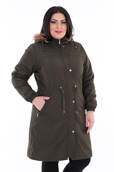 TUTveAL Collection Γυναικείο αδιάβροχο παλτό μεγάλου μεγέθους Μακρύ παλτό χακί με κουκούλα με εσωτερικό παλτό από ύφασμα με γούνα