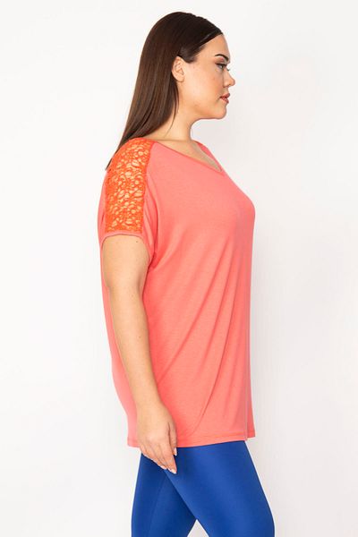 Şans Women's Large Size Pomegranate Shoulders Lace Detailed V-Neck Blouse 65n34519