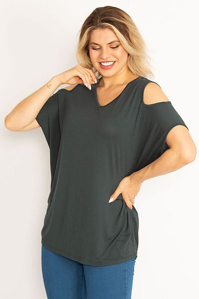 Şans Women's Large Size Green Shoulderless Blouse 65n34630