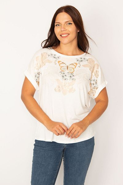 Şans Women's Large Size Bone Lacquer Printed Blouse 65n34566