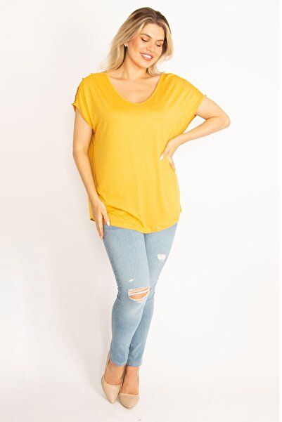 Şans Γυναικεία Μπλούζα Περλέ Ώμου Mustard Plus Size 65n34555