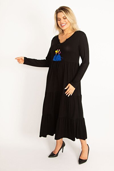 Şans Γυναικείο φόρεμα μεγάλου μεγέθους με μακρυμάνικο γιακά με λεπτομέρειες 65n34514