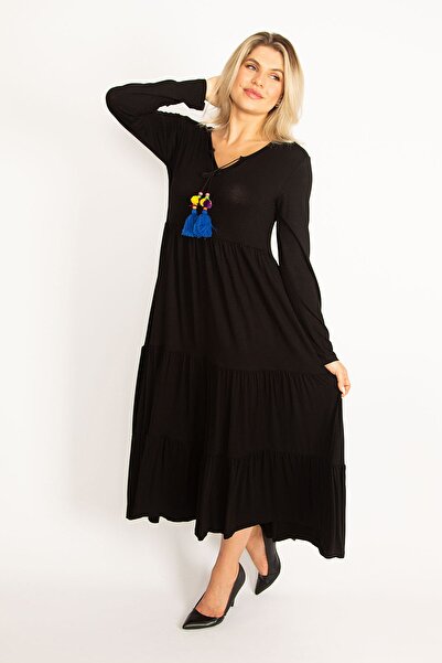 Şans Γυναικείο φόρεμα μεγάλου μεγέθους με μακρυμάνικο γιακά με λεπτομέρειες 65n34514