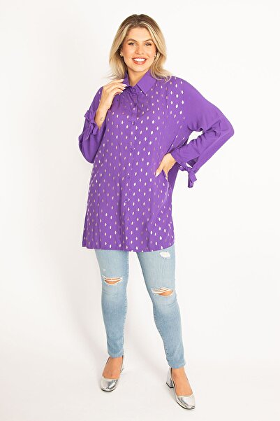 Şans Női lila elöl gombos ujjú, fűzős és lakkmintás részletes szőtt viszkóz ing 65n34516