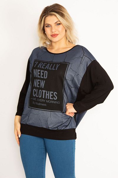 Şans Women's Large Size Black Bat Sleeve Front Detailed Tunic 65n34638