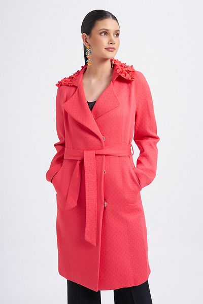 Balizza Blz-collar Flower Embroidered Viscose Trench Coat