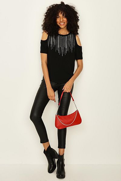 Select Moda Women's Black Stone Detailed Open Shoulder T-shirt