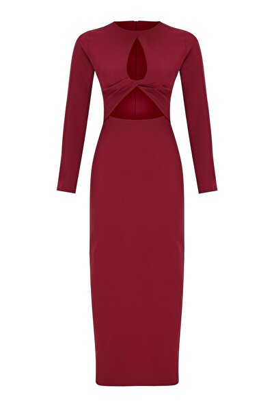 Whenever Company Bordo Uzun Kollu Göbek Ve Göğüs Pencereli Midi Boy Abiye Elbise